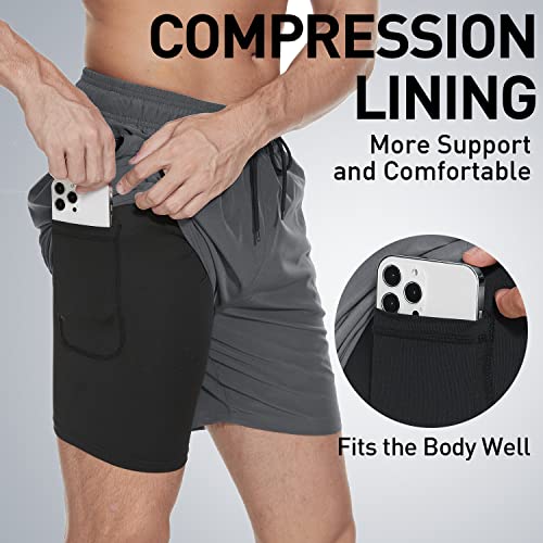 Arcweg Men's Swim Trunks Mens Swimming Shorts with Compression Liner Quick Dry Stretchy 2 in 1 Board Shorts with Zipper Pockets Back + Grey L (UK)