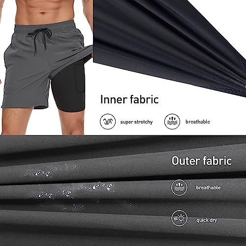 Arcweg Men's Swim Trunks Mens Swimming Shorts with Compression Liner Quick Dry Stretchy 2 in 1 Board Shorts with Zipper Pockets Back + Grey L (UK)
