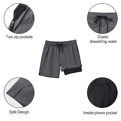 Arcweg Men's Swim Trunks Mens Swimming Shorts with Compression Liner Quick Dry Stretchy 2 in 1 Board Shorts with Zipper Pockets Back + Grey L (UK)