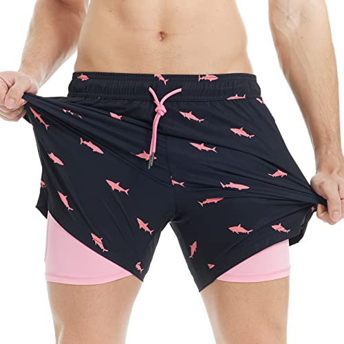 MaaMgic 5" Mens Swim Shorts with Compression Liner 4-Way Stretch Bathing Suit Swimming Shorts with Pockets,Pink Shark - Black,L