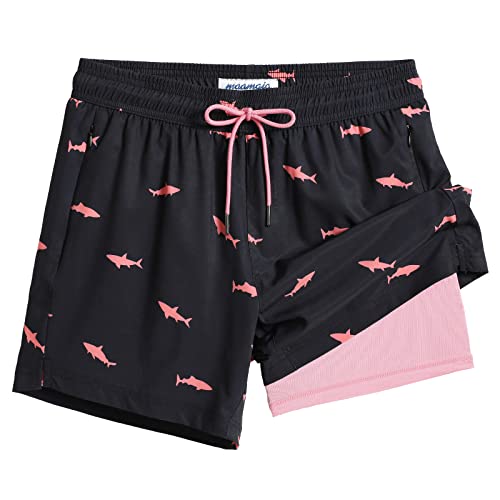 MaaMgic 5" Mens Swim Shorts with Compression Liner 4-Way Stretch Bathing Suit Swimming Shorts with Pockets,Pink Shark - Black,L
