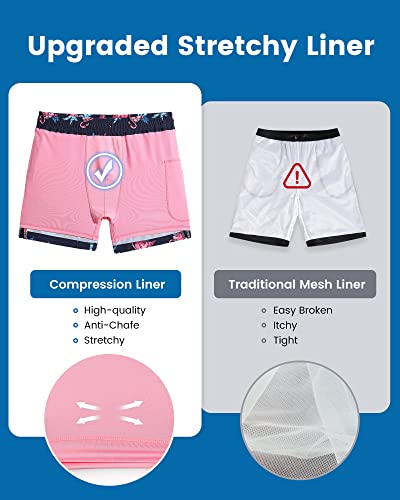 MaaMgic 5" Mens Swim Shorts with Compression Liner 4-Way Stretch Bathing Suit Swimming Shorts with Pockets,Pink Shark - Black,L