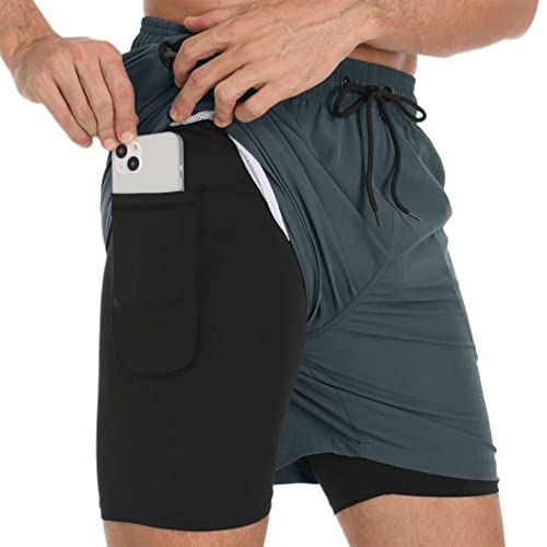 Aisprts Swimming Shorts Men, Swimming Trunks with Compression Liner 2 in 1 Quick Dry Stretchy Mens Swim Shorts Surfing Beach Shorts with 2 Zipper Pockets Grey