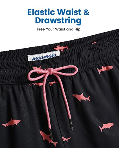 MaaMgic 5" Mens Swim Shorts with Compression Liner 4-Way Stretch Bathing Suit Swimming Shorts with Pockets,Pink Shark - Black,L