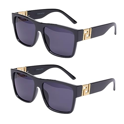 2 PACK Large Sunglasses for Women Men Fashion Flat Top Big Black Frame Shades Square Frame Rimless Sunglasses for Women Men Trendy Chunky Rectangle Sun Glasses UV400 Protection with Sunglasses Case