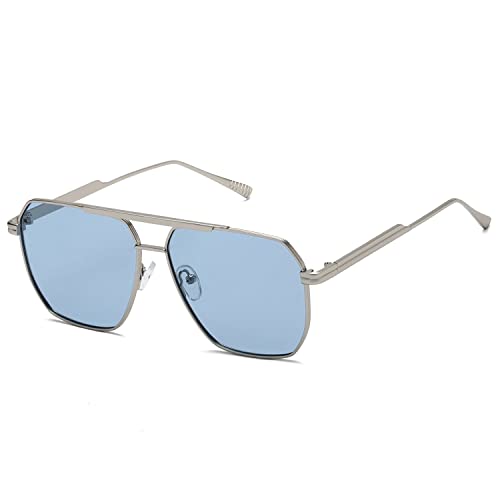 kimorn Polarized Sunglasses for Women Men Retro Oversized Square Vintage Fashion Shades UV400 Classic Large Metal Sun Glasses K1221 (Silver Blue)