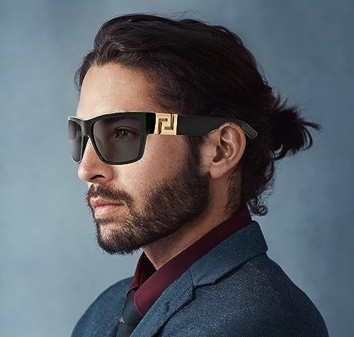 2 PACK Large Sunglasses for Women Men Fashion Flat Top Big Black Frame Shades Square Frame Rimless Sunglasses for Women Men Trendy Chunky Rectangle Sun Glasses UV400 Protection with Sunglasses Case