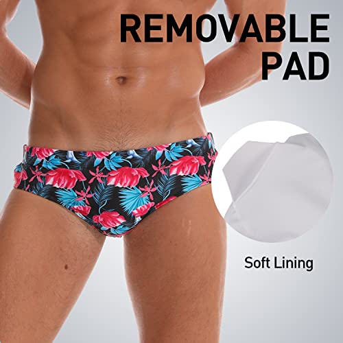 Arcweg Men's Swimming Trunks Briefs Low Waist with Removable Pad Swimwear Elastic Beach Shorts Boxers Underwear Red Flowers M（UK）