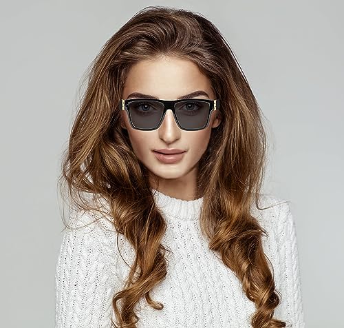 2 PACK Large Sunglasses for Women Men Fashion Flat Top Big Black Frame Shades Square Frame Rimless Sunglasses for Women Men Trendy Chunky Rectangle Sun Glasses UV400 Protection with Sunglasses Case