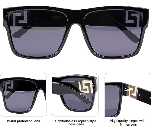 2 PACK Large Sunglasses for Women Men Fashion Flat Top Big Black Frame Shades Square Frame Rimless Sunglasses for Women Men Trendy Chunky Rectangle Sun Glasses UV400 Protection with Sunglasses Case