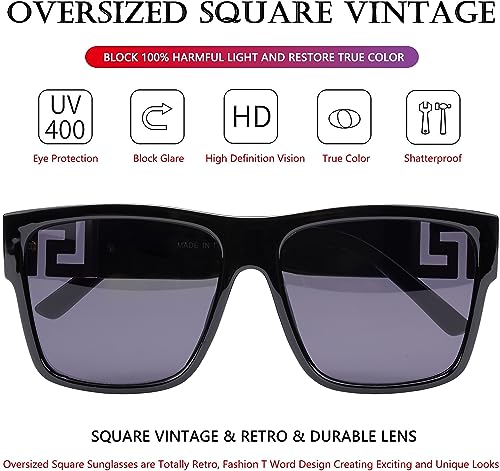 2 PACK Large Sunglasses for Women Men Fashion Flat Top Big Black Frame Shades Square Frame Rimless Sunglasses for Women Men Trendy Chunky Rectangle Sun Glasses UV400 Protection with Sunglasses Case