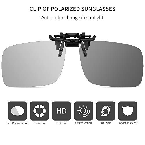 TEMSO Photochromic Clip On Sunglasses,HD Vision Polarized UV400 Anti Glare For Mens Women|Flip up|Day Night Driving|60 * 42mm