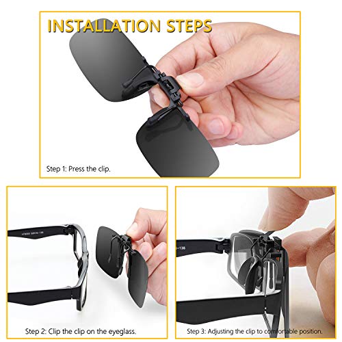 Gritin Clip on Sunglasses, [2-Pack] Mens/Womens UV400 Flip-Up Polarised Sunglasses - Convenient and Secure Fit over Prescription Eyeglasses Ideal for Driving and Outdoors-Day Vision