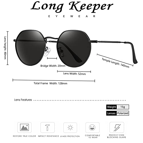 Long Keeper Retro Small Round Polarised Sunglasses for Women Men Classic Vintage Shades UV400 Protection Trendy Polygon Metal Sun Glasses