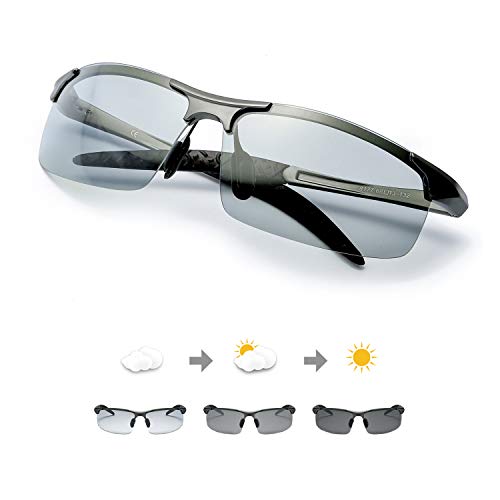Men's Photochromic Polarized Sunglasses for Driving, Rectangular Frame with 100% UV Protection (Gun(sports)/Discolor)(Size:M)