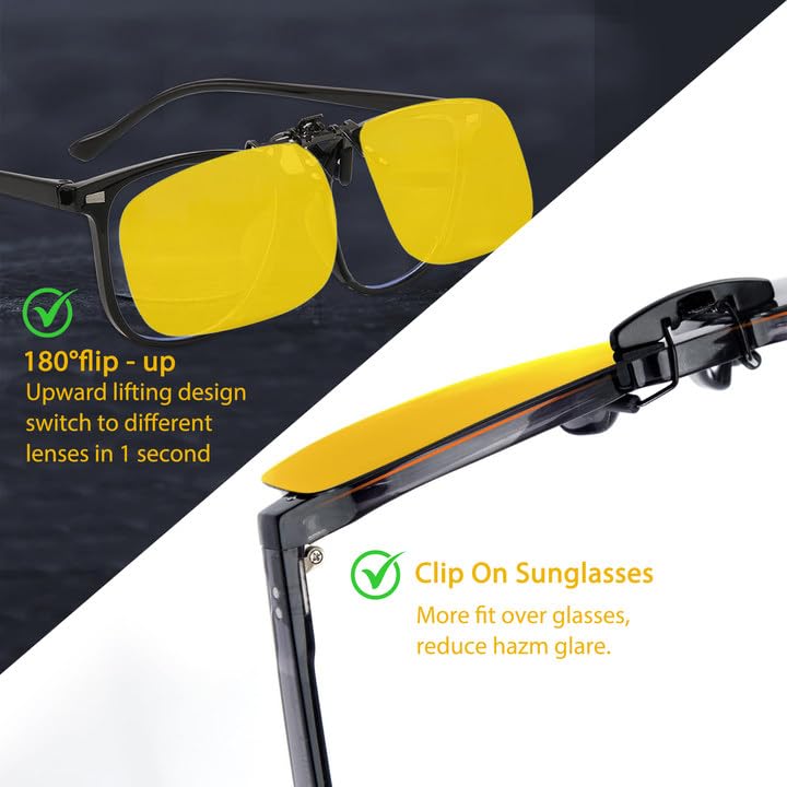 GROVL Polarised Flip up Clip on Night Driving Glasses,Sunglasses for Men Women Polarised UV Protected,Reduce Glare From Headlamps,Snow,Sun Fits all Glasses,High Definition Vision