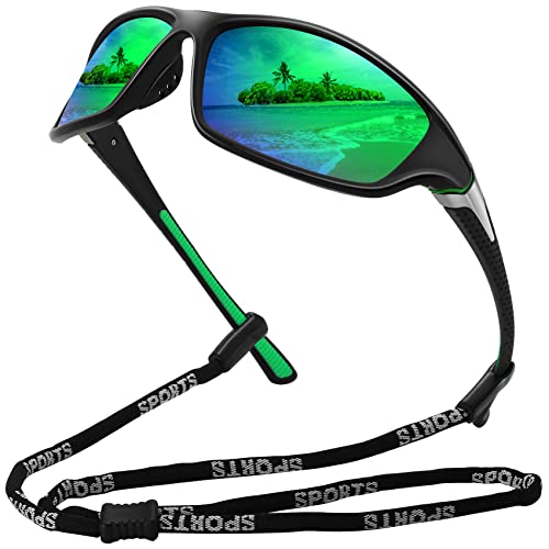 MEETSUN Polarized Sports Sunglasses for Men Women Driving Cycling Fishing Sun Glasses 100% UV400 Protection Black Frame-Green Mirror Lens