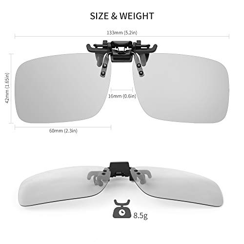 TEMSO Photochromic Clip On Sunglasses,HD Vision Polarized UV400 Anti Glare For Mens Women|Flip up|Day Night Driving|60 * 42mm
