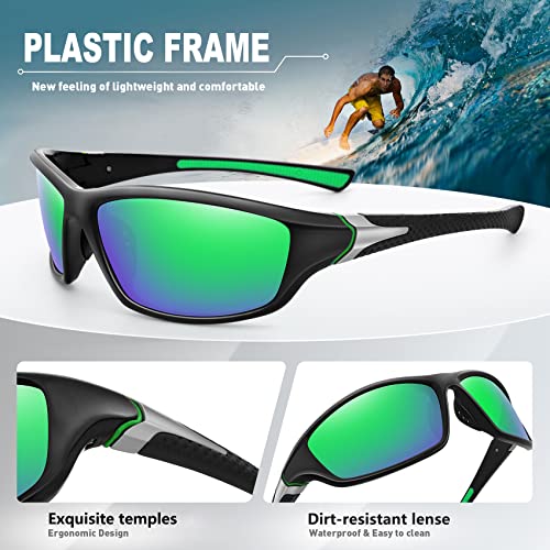 MEETSUN Polarized Sports Sunglasses for Men Women Driving Cycling Fishing Sun Glasses 100% UV400 Protection Black Frame-Green Mirror Lens