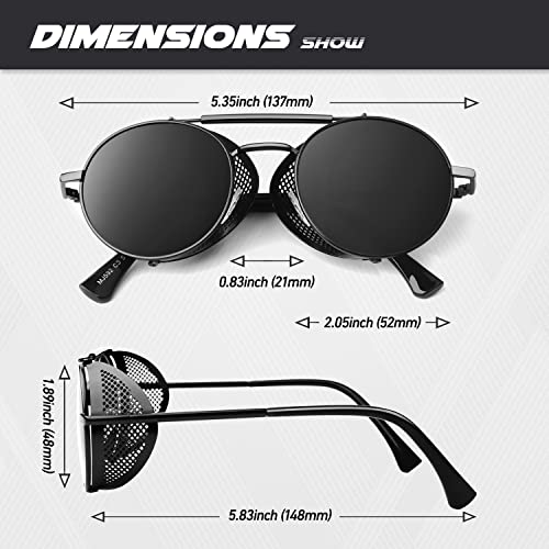 CGID Polarised Sunglasses for Women Men Steampunk Retro Round Unisex Eyewear Glasses UV400,Side Shield Goggles Gothic Sun Glasses Black Frame Grey Lens