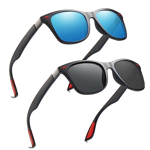 Charfia 2 Pack Polarised Sunglasses for Men Women, Retro Mens Sunglasses Polarised, Sun Glasses Womens Men Sunglasses Driving Sunglasses Mens with UV400 Protection for Driving Fishing Hiking Sport