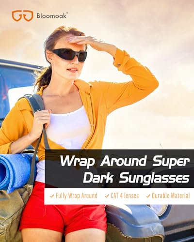 Bloomoak Super Dark Lens Black Polarized Sunglasses | Wrap Around Sport Sunglasses Unsex | UV400 | CAT 4 | For photophobia(Sensitive Eyes)
