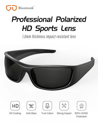 Bloomoak Super Dark Lens Black Polarized Sunglasses | Wrap Around Sport Sunglasses Unsex | UV400 | CAT 4 | For photophobia(Sensitive Eyes)