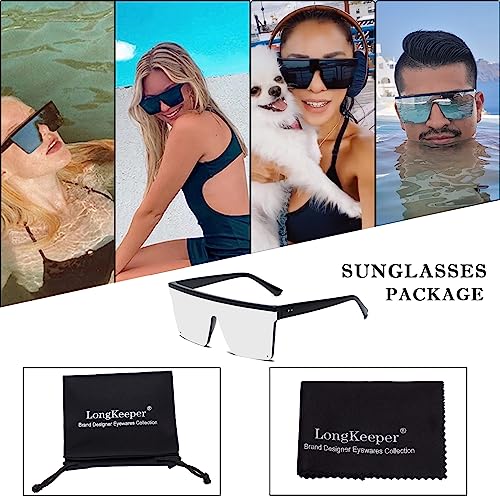 Long Keeper Flat Top Oversized Sunglasses - Square Sunglasses for Women Men Mirrored Rimless Sun Glasses Big Frame Fashion Shades UV400 Protection