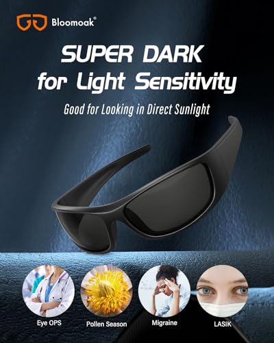 Bloomoak Super Dark Lens Black Polarized Sunglasses | Wrap Around Sport Sunglasses Unsex | UV400 | CAT 4 | For photophobia(Sensitive Eyes)