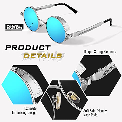 GQUEEN Retro Round Circle Polarised Steampunk Sunglasses Mens Womens UV400 Protection