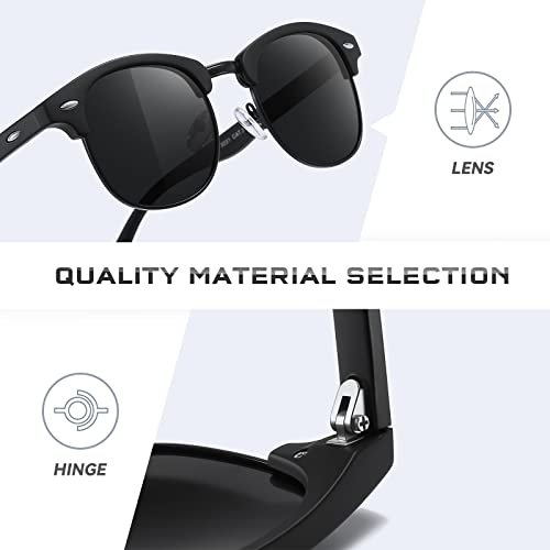 kunchu Semi-Rimless-Polarised-Sunglasses-Mens Half Frame Polarized Sunglasses Womens UV400 Protection Retro Rectangle Black Sun glasses Classic Black Shades
