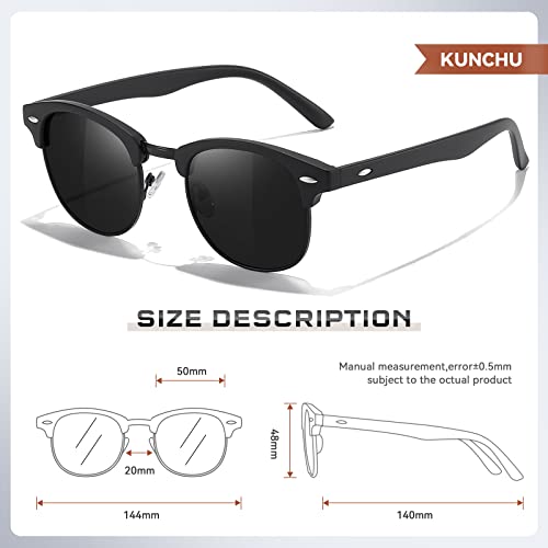 kunchu Semi-Rimless-Polarised-Sunglasses-Mens Half Frame Polarized Sunglasses Womens UV400 Protection Retro Rectangle Black Sun glasses Classic Black Shades