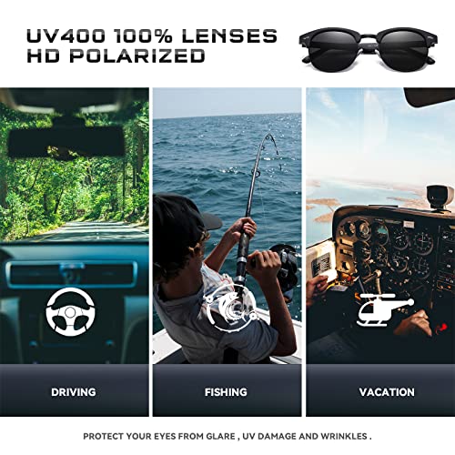 kunchu Semi-Rimless-Polarised-Sunglasses-Mens Half Frame Polarized Sunglasses Womens UV400 Protection Retro Rectangle Black Sun glasses Classic Black Shades