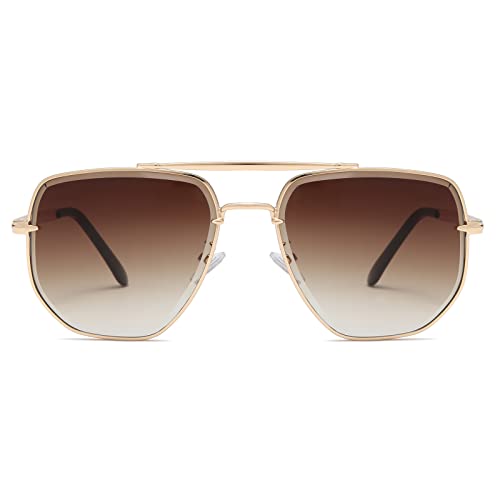 Long Keeper Hexagonal Sunglasses Mens - Pilot Style Classic Retro Sunglasses for Men Women Designer Vintage Sun Glasses with Gold Metal Frame Anti-UV400 Lens Shades