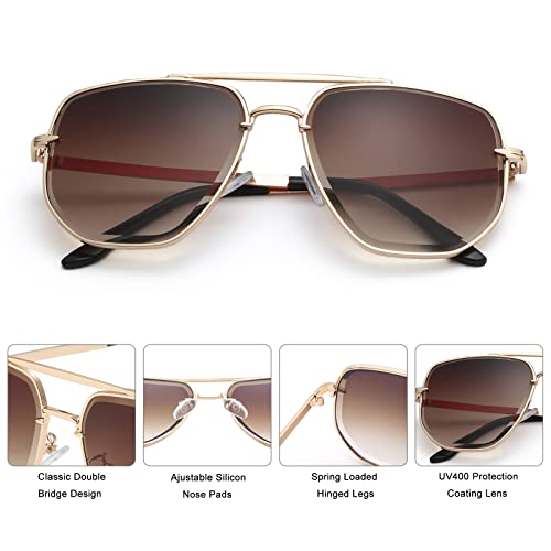 Long Keeper Hexagonal Sunglasses Mens - Pilot Style Classic Retro Sunglasses for Men Women Designer Vintage Sun Glasses with Gold Metal Frame Anti-UV400 Lens Shades