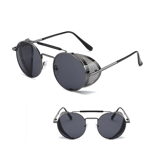 XOPOZON Unisex Retro Round Polarised Steampunk Sunglasses Men Side Shield Goggles Gothic Sun Glasses Women, UV400 Protection Matel Frame