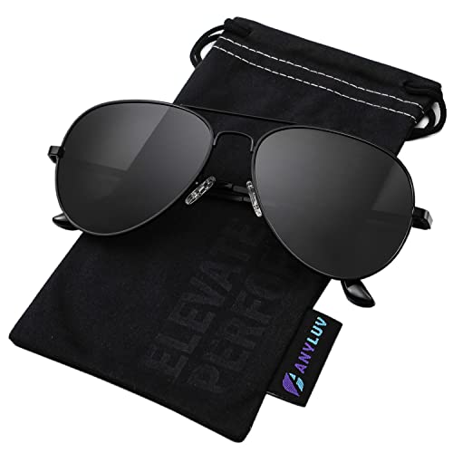 ANYLUV Pilot Sunglasses Mens, Polarised Sunglasses Men Women Classic Black Shades Metal Frame with UV Protection (Black/Grey)