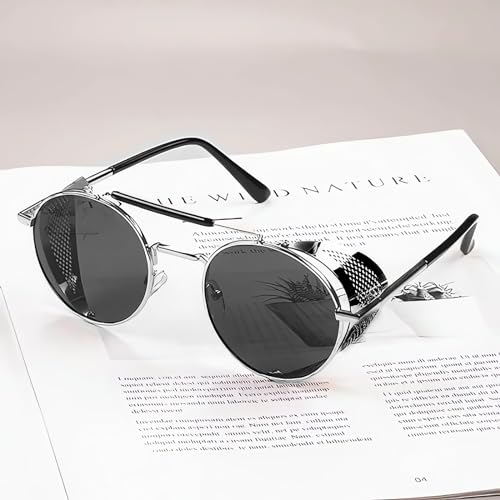 XOPOZON Unisex Retro Round Polarised Steampunk Sunglasses Men Side Shield Goggles Gothic Sun Glasses Women, UV400 Protection Matel Frame
