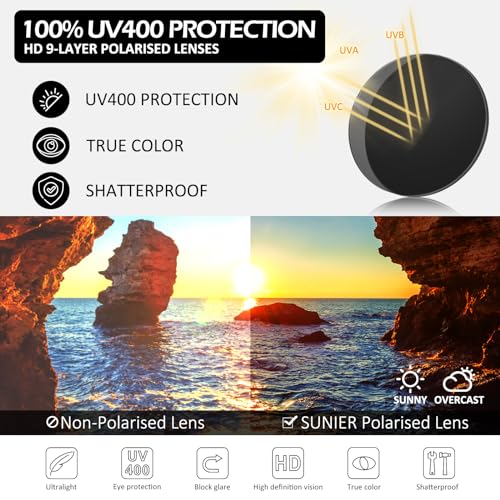 Sunier Polarised Sunglasses Mens,Retro UV400 Protection Mens Sun Glasses,Driving Fishing Running Cycling Shades Mens Women