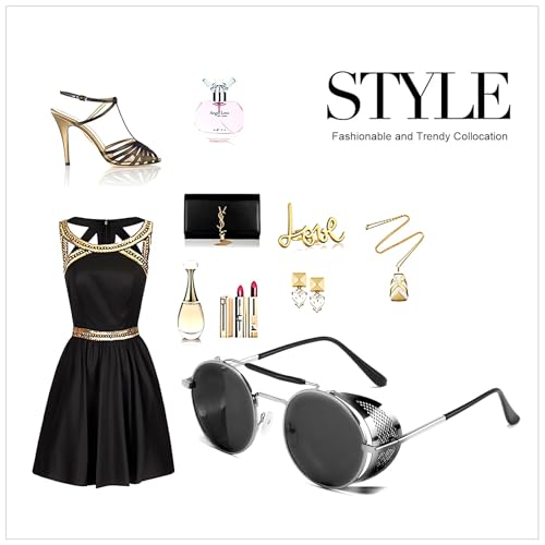 XOPOZON Unisex Retro Round Polarised Steampunk Sunglasses Men Side Shield Goggles Gothic Sun Glasses Women, UV400 Protection Matel Frame