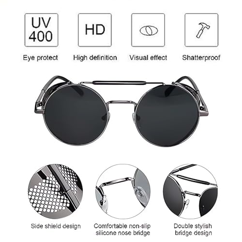 XOPOZON Unisex Retro Round Polarised Steampunk Sunglasses Men Side Shield Goggles Gothic Sun Glasses Women, UV400 Protection Matel Frame