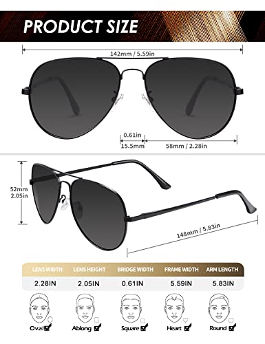 ANYLUV Pilot Sunglasses Mens, Polarised Sunglasses Men Women Classic Black Shades Metal Frame with UV Protection (Black/Grey)