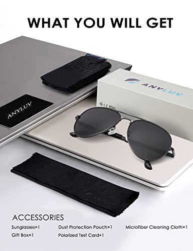 ANYLUV Pilot Sunglasses Mens, Polarised Sunglasses Men Women Classic Black Shades Metal Frame with UV Protection (Black/Grey)