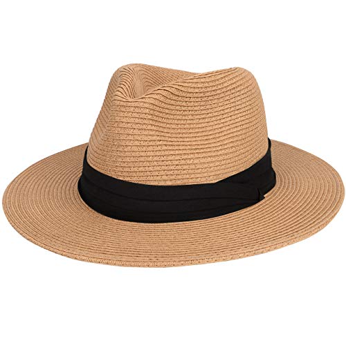 Maylisacc Summer Panama Hat for Men Foldable, Foldable Wide Brimmed Straw Sun Hats with Black Band Adjustable UV Protection, Khaki