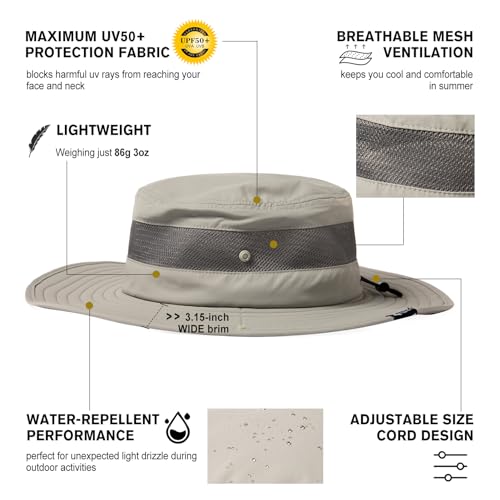 TOP-EX Sun Hat for Men & Women UPF 50- Wide Brim, Waterproof, Breathable & Adjustable for Summer, Fishing, Hiking, Safari - Lightweight & Packable Outdoor Hat Light Grey M/L