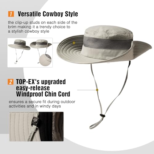 TOP-EX Sun Hat for Men & Women UPF 50- Wide Brim, Waterproof, Breathable & Adjustable for Summer, Fishing, Hiking, Safari - Lightweight & Packable Outdoor Hat Light Grey M/L