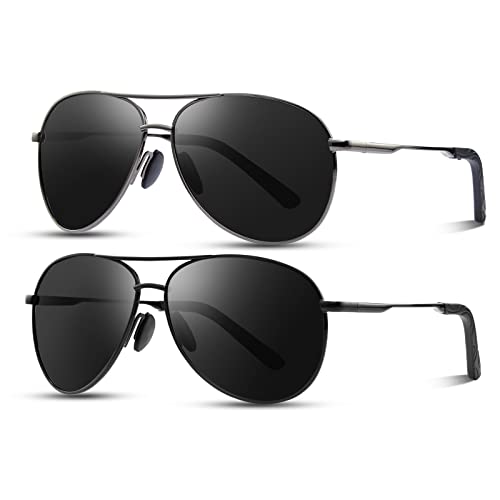 kunchu Pilot-Polarised-Sunglasses-Mens 2 Pack Black Sunglasses Womens UV400 Protection Sun Glasses Retro Classic Fashion Style Shades