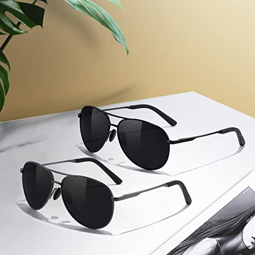 kunchu Pilot-Polarised-Sunglasses-Mens 2 Pack Black Sunglasses Womens UV400 Protection Sun Glasses Retro Classic Fashion Style Shades
