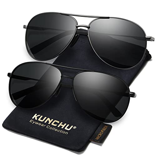 kunchu Pilot-Polarised-Sunglasses-Mens 2 Pack Black Sunglasses Womens UV400 Protection Sun Glasses Retro Classic Fashion Style Shades