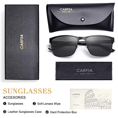 Carfia Polarized Sunglasses Man Metal Square Frame 100%UV400 Protection for Driving, One Size, Black Frame With Grey Lens